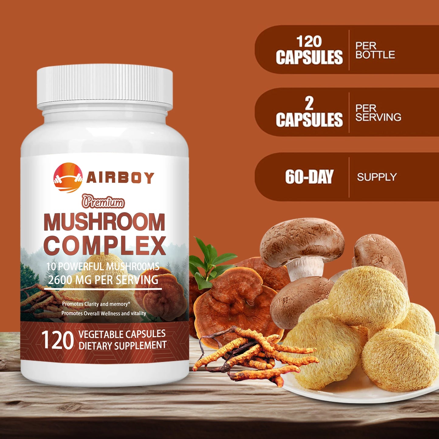 Mushroom Complex - with Lions Mane, Brain Supplement for Memory, Enhance Energy - 120 Capsules
