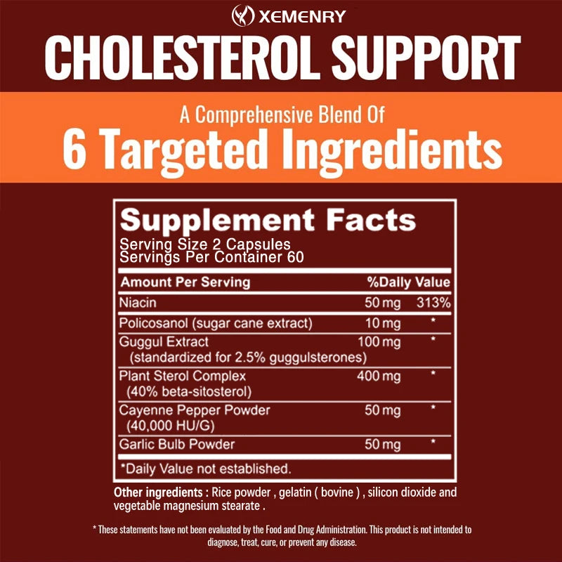 Cholesterol Supplements -
Improves Blood Circulation, Supports Blood Pressure and Heart Health - 120 Capsules