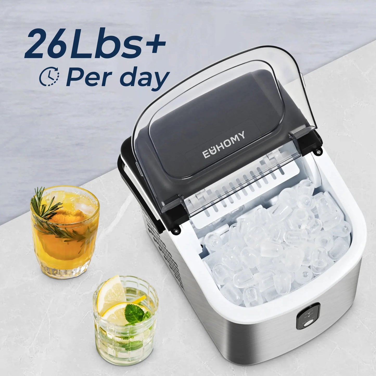 Countertop Ice Maker Machine with Handle, 26 lbs/24H, 9 Cubes in 6 Mins, Auto-Cleaning Portable Ice Maker,Silver