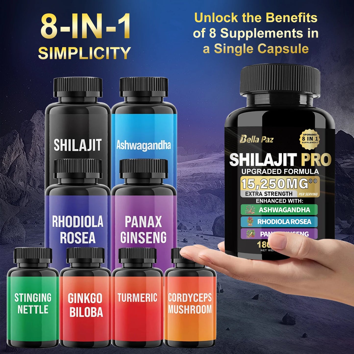 Shilajit Nature's Synergy 8-in-1 Formula: Shilajit, Ashwagandha, Rhodiola & More in One Capsule for Holistic Wellness