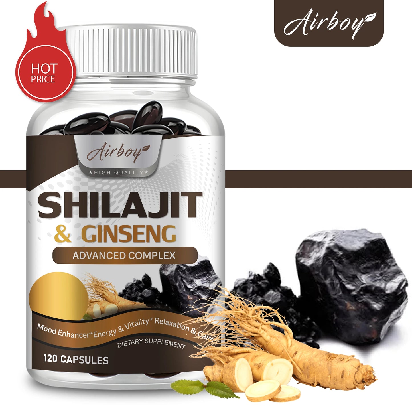 Shilajit & Ginseng Supplement - Provides Energy and Endurance,
Enhances Brain & Memory, Immune Support - 120 Capsules