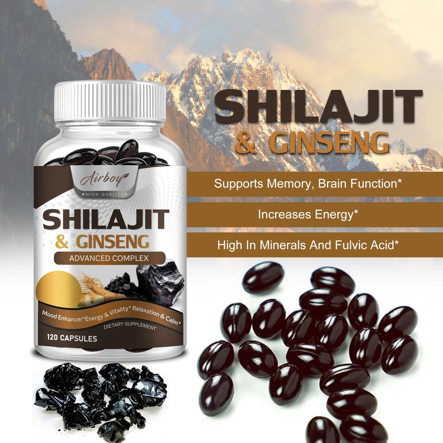 Shilajit & Ginseng Supplement - Provides Energy and Endurance,
Enhances Brain & Memory, Immune Support - 120 Capsules