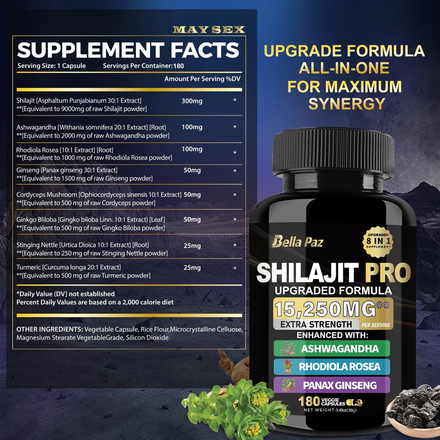 Shilajit Nature's Synergy 8-in-1 Formula: Shilajit, Ashwagandha, Rhodiola & More in One Capsule for Holistic Wellness