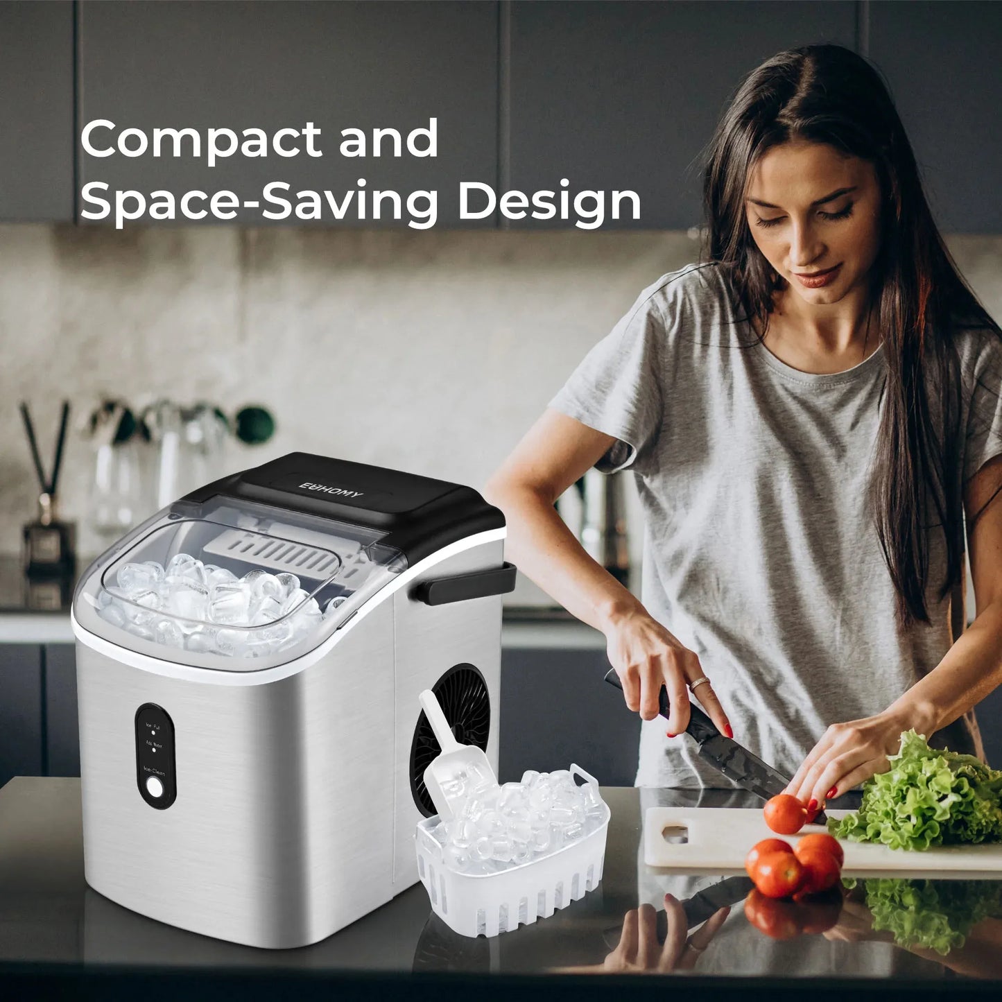 Countertop Ice Maker Machine with Handle, 26 lbs/24H, 9 Cubes in 6 Mins, Auto-Cleaning Portable Ice Maker,Silver