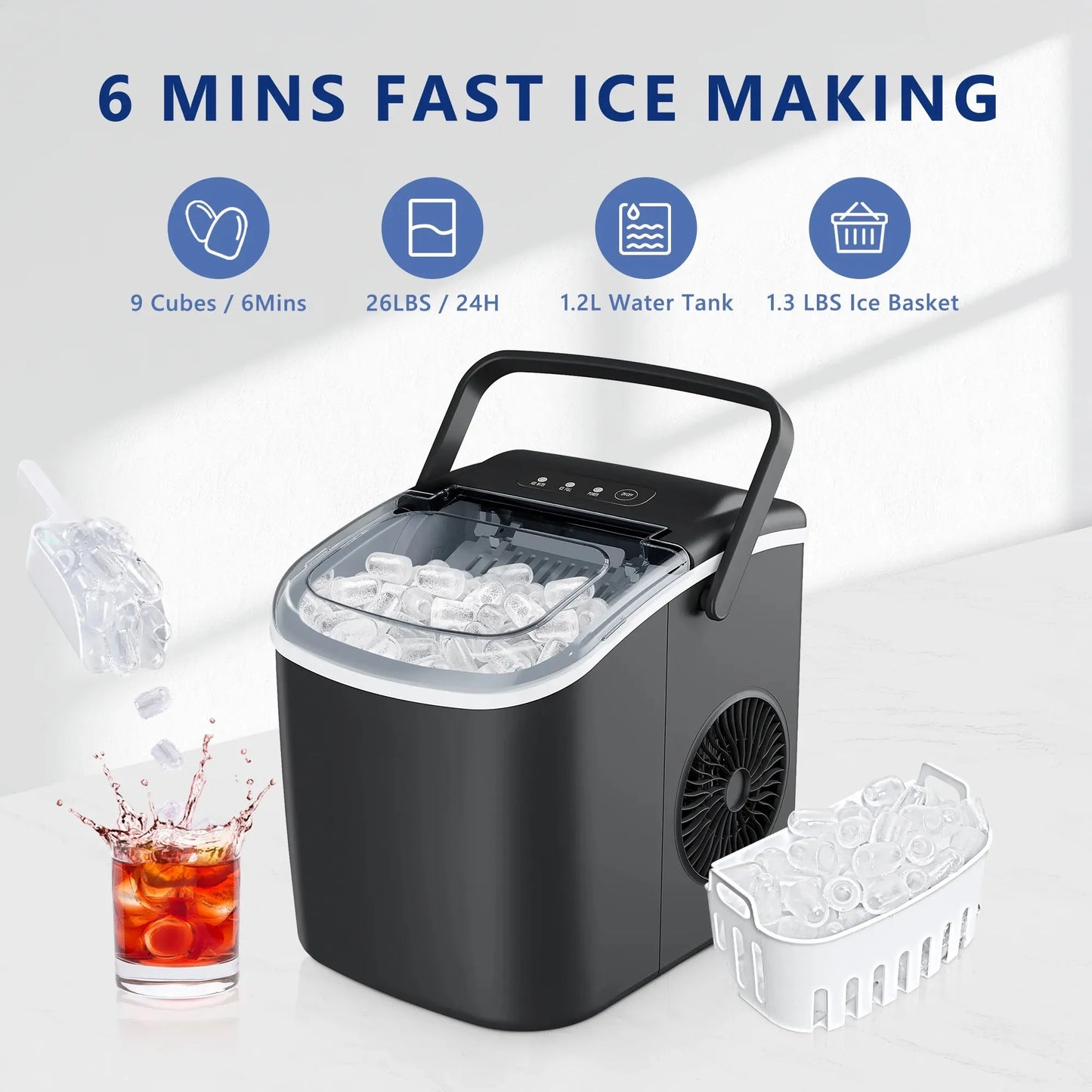25 lbs/24H Countertop Ice Maker Machine, 9 Bullet-Shaped Ice in 6 Min, Auto-Cleaning