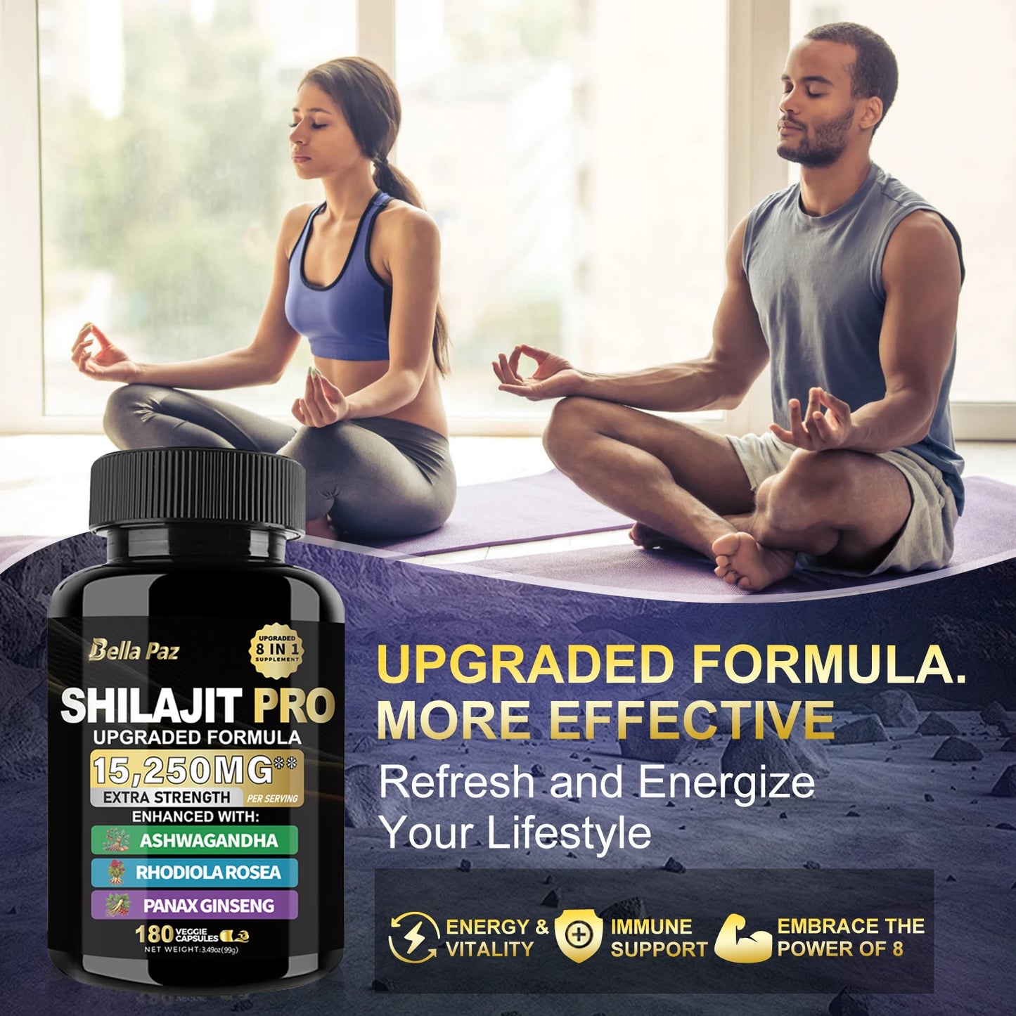 Shilajit Nature's Synergy 8-in-1 Formula: Shilajit, Ashwagandha, Rhodiola & More in One Capsule for Holistic Wellness