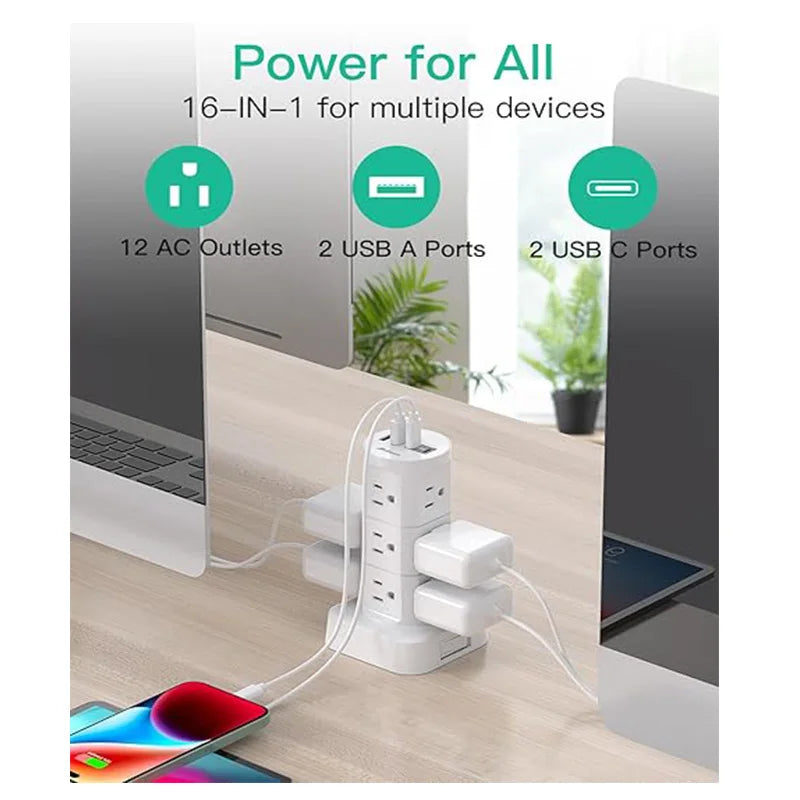 Power Strips with Surge Protection, Flat Plug Power Strip
with 12 Outlets 4 USB Ports, Surge Protector Tower 1875W/15A 1080J, 6F