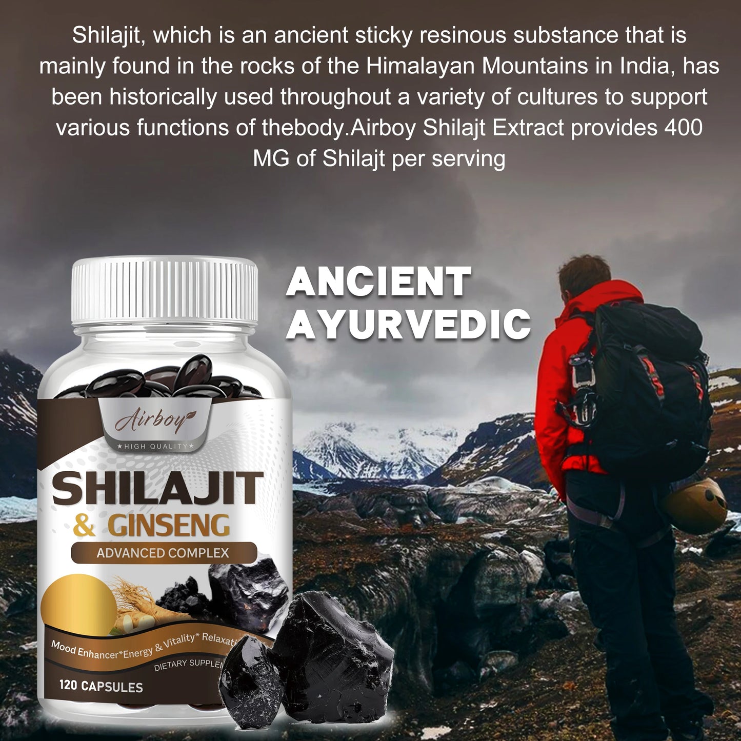 Shilajit & Ginseng Supplement - Provides Energy and Endurance,
Enhances Brain & Memory, Immune Support - 120 Capsules