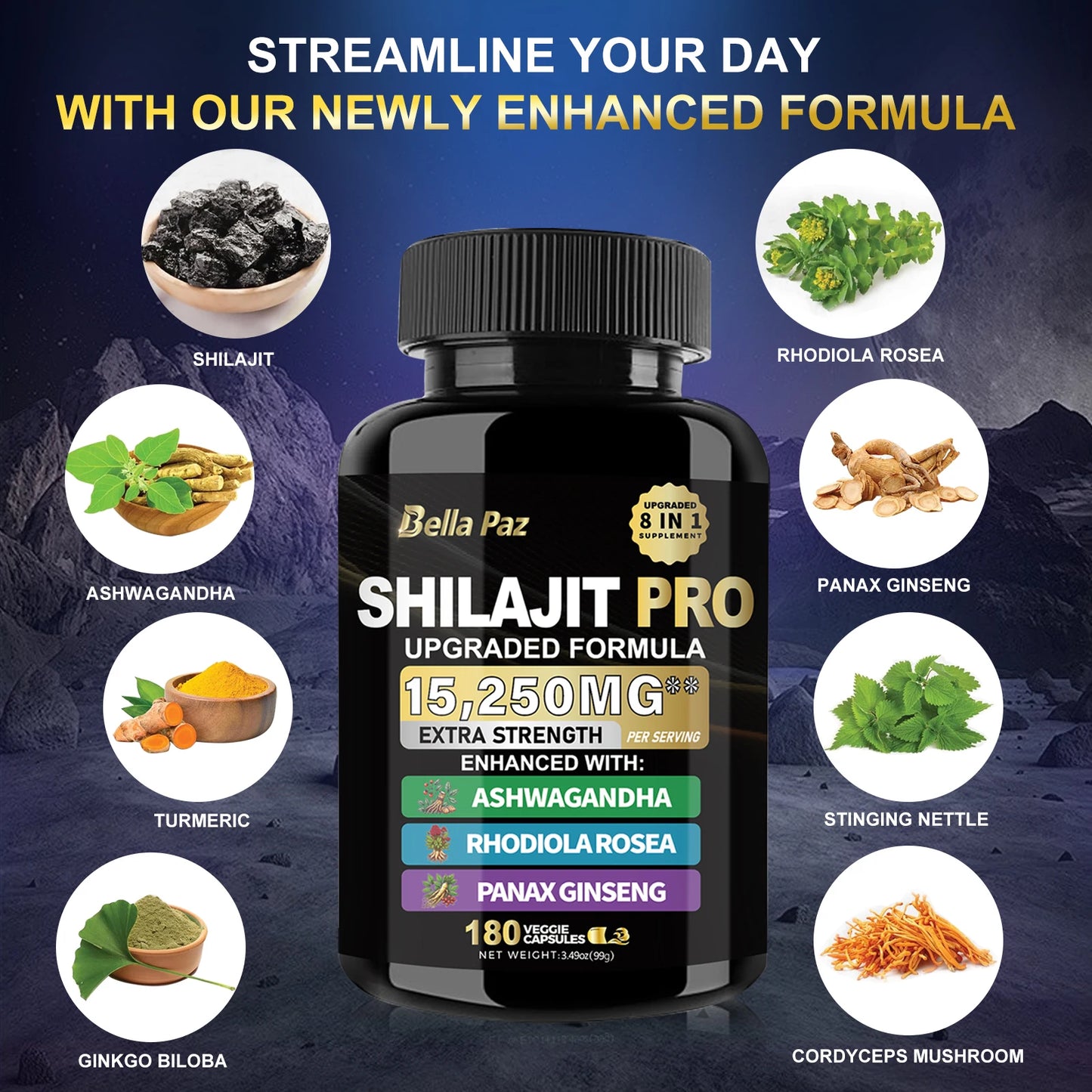 Shilajit Nature's Synergy 8-in-1 Formula: Shilajit, Ashwagandha, Rhodiola & More in One Capsule for Holistic Wellness