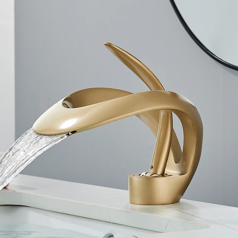 Solid Brass Waterfall Basin Faucet Single Handle Hot Cold Water