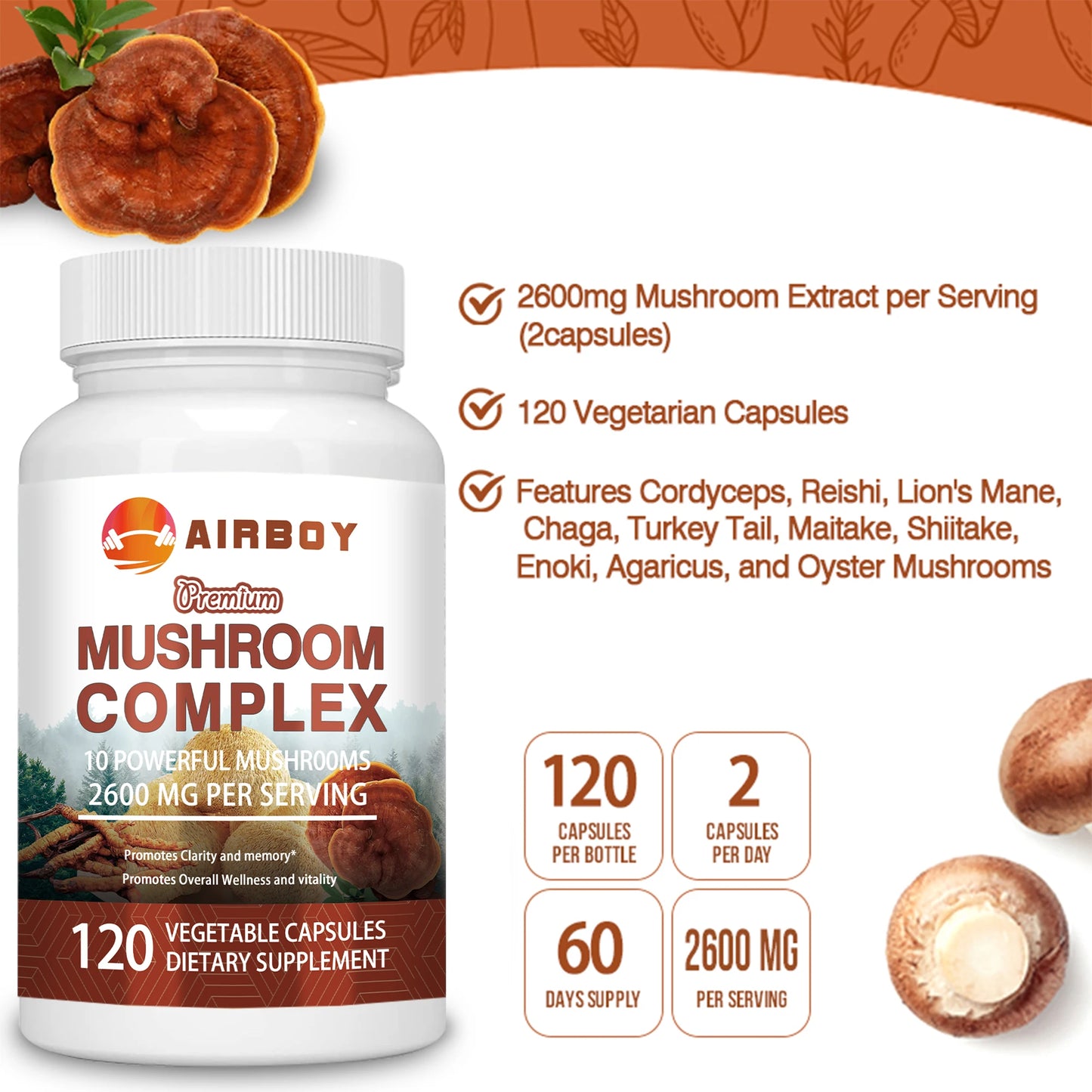 Mushroom Complex - with Lions Mane, Brain Supplement for Memory, Enhance Energy - 120 Capsules