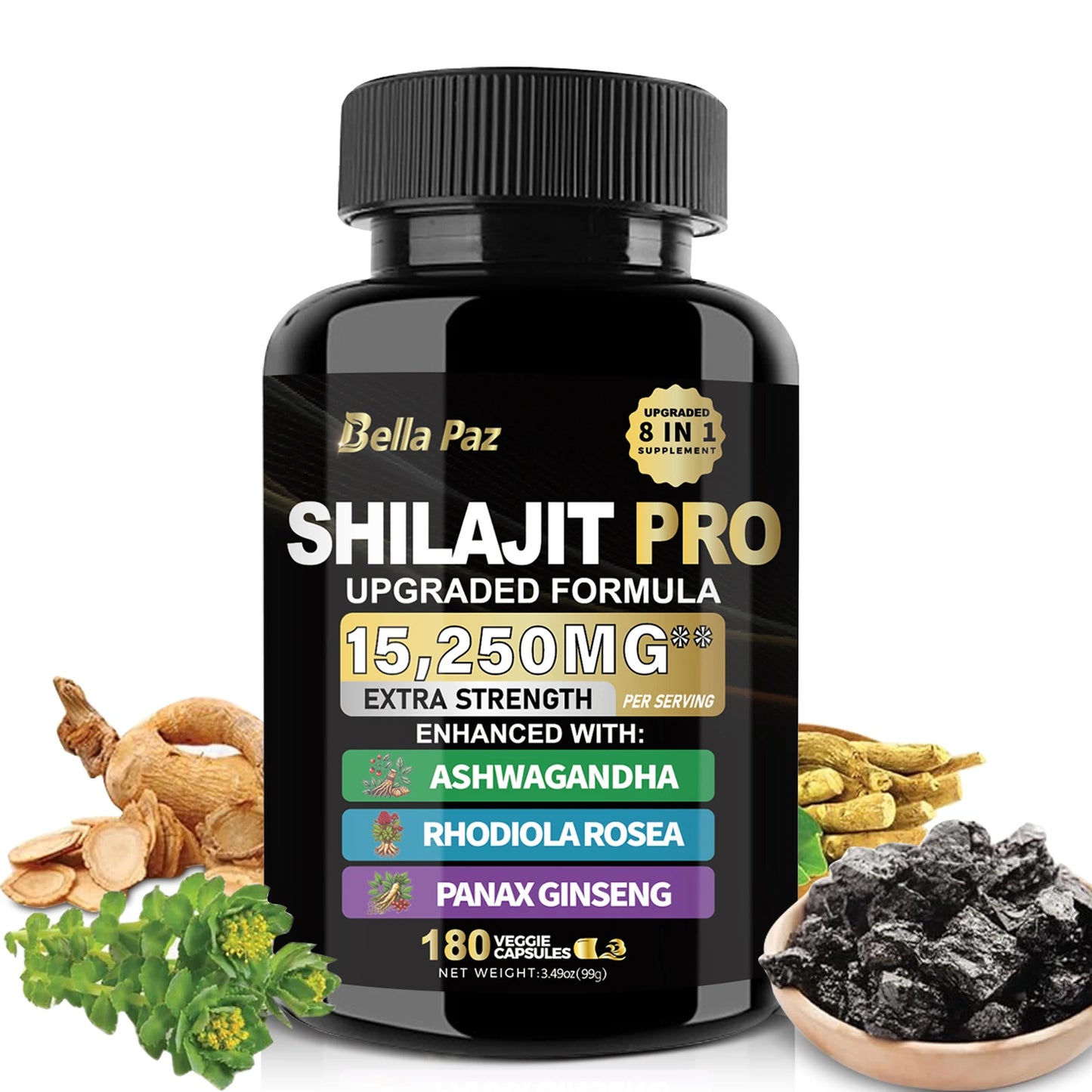 Shilajit Nature's Synergy 8-in-1 Formula: Shilajit, Ashwagandha, Rhodiola & More in One Capsule for Holistic Wellness