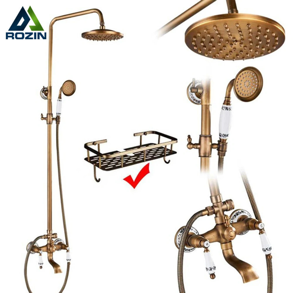 Antique Brass Shower Faucet Set Bathroom Shower Column
with Shelf Rainfall Hot Cold Water Mixer Tap Handhold Shower Faucet