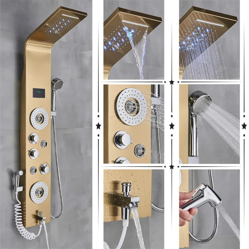 Black/Brushed Bathroom Shower Faucet LED Rainfall Shower Panel System Bathtub Mixer Tap Massage Spa Temperature Screen