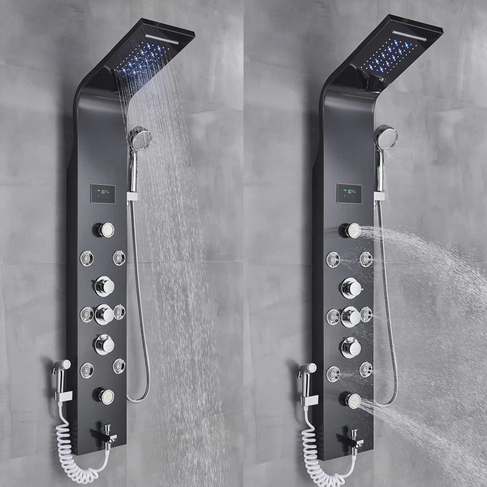 Black/Brushed Bathroom Shower Faucet LED Rainfall Shower Panel System Bathtub Mixer Tap Massage Spa Temperature Screen