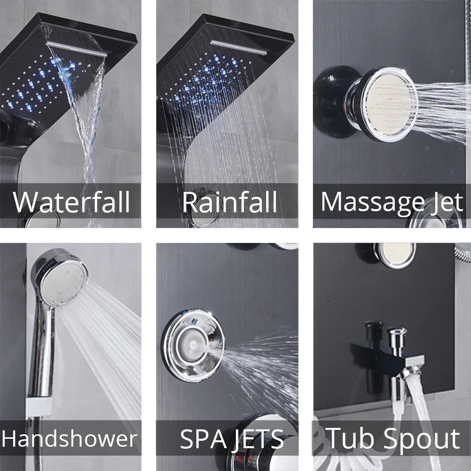 Black/Brushed Bathroom Shower Faucet LED Rainfall Shower Panel System Bathtub Mixer Tap Massage Spa Temperature Screen