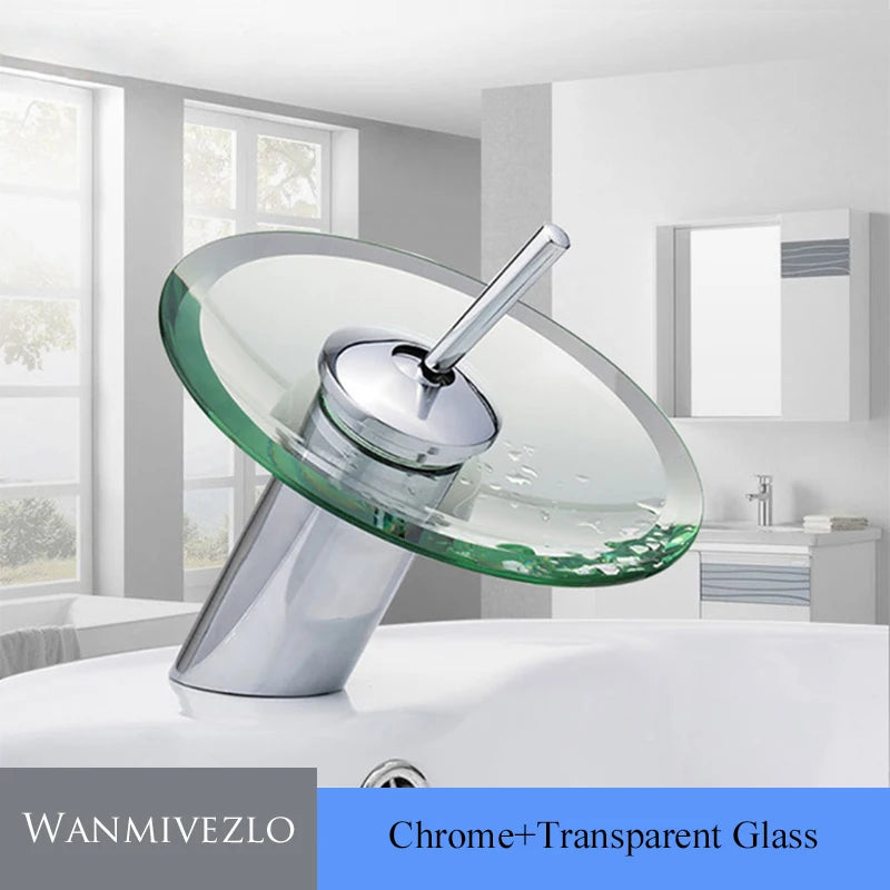 Colorful Glass Waterfall Bathroom Faucet Chrome Basin Sink Faucet Single Lever