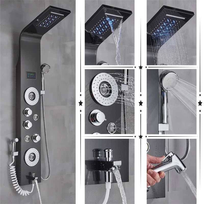 Black/Brushed Bathroom Shower Faucet LED Rainfall Shower Panel System Bathtub Mixer Tap Massage Spa Temperature Screen