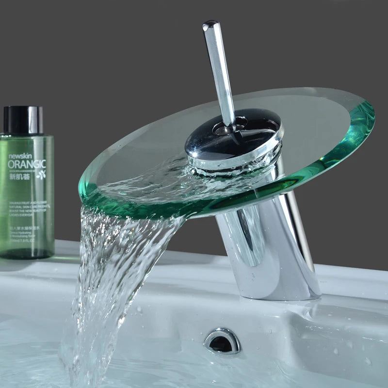 Colorful Glass Waterfall Bathroom Faucet Chrome Basin Sink Faucet Single Lever