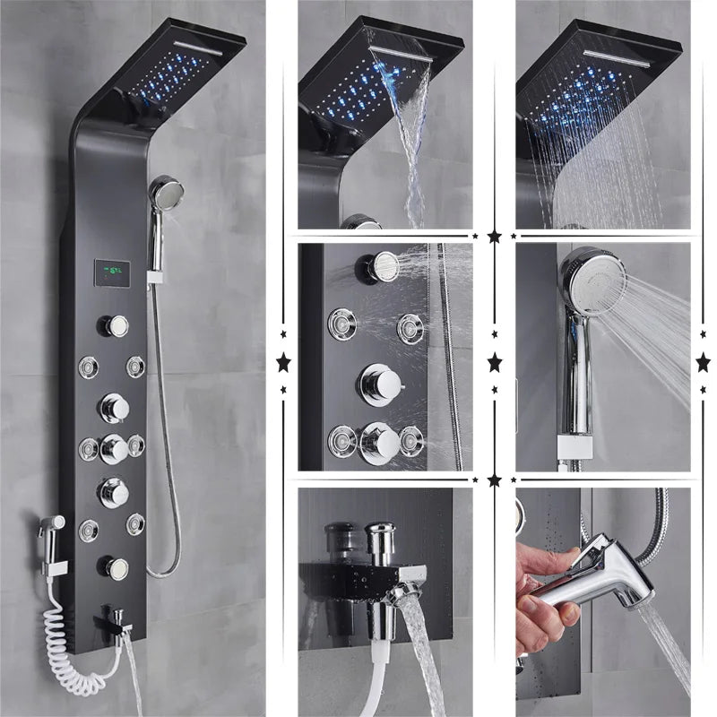 Black/Brushed Bathroom Shower Faucet LED Rainfall Shower Panel System Bathtub Mixer Tap Massage Spa Temperature Screen