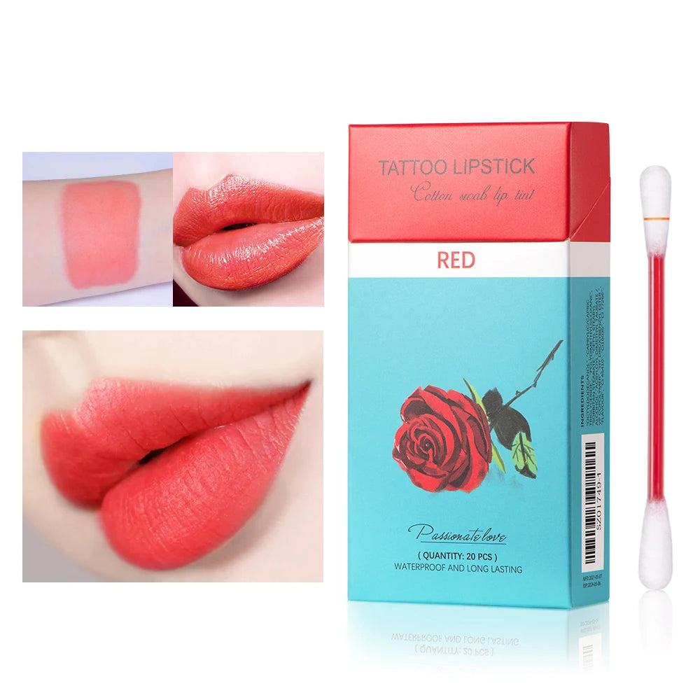 Tattoo Lipstick Cotton Swab Matte Waterproof Lip Gloss Stick Cotton Buds 20pcs/Lot Liquid Lipsticks Set Cigarette Case Box