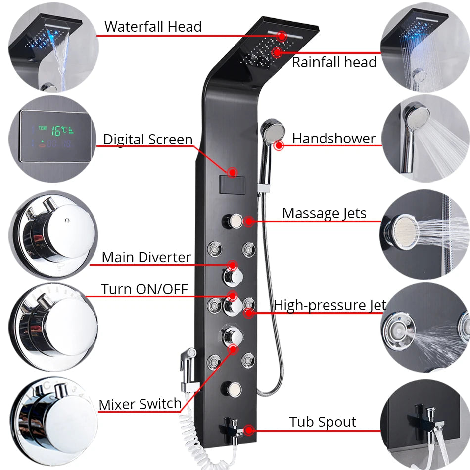 Black/Brushed Bathroom Shower Faucet LED Rainfall Shower Panel System Bathtub Mixer Tap Massage Spa Temperature Screen