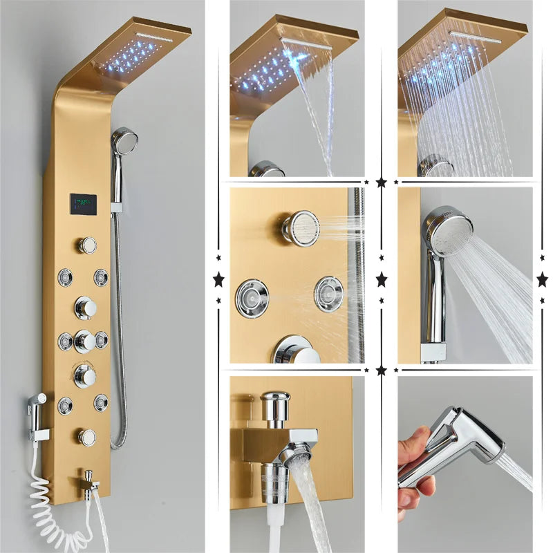 Black/Brushed Bathroom Shower Faucet LED Rainfall Shower Panel System Bathtub Mixer Tap Massage Spa Temperature Screen