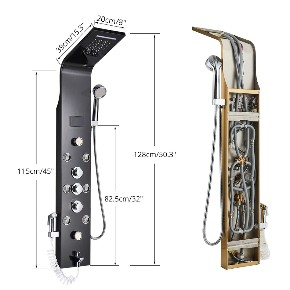 Black/Brushed Bathroom Shower Faucet LED Rainfall Shower Panel System Bathtub Mixer Tap Massage Spa Temperature Screen