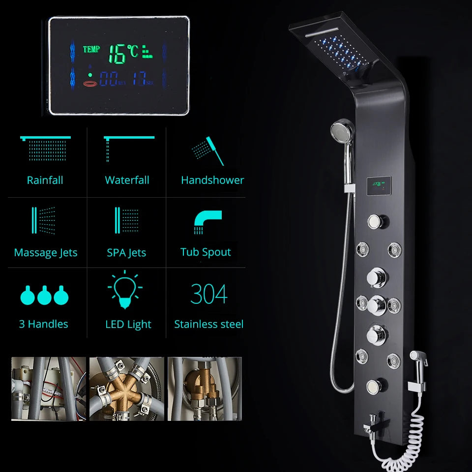 Black/Brushed Bathroom Shower Faucet LED Rainfall Shower Panel System Bathtub Mixer Tap Massage Spa Temperature Screen