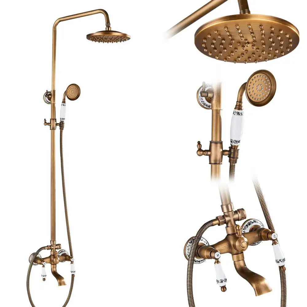 Antique Brass Shower Faucet Set Bathroom Shower Column
with Shelf Rainfall Hot Cold Water Mixer Tap Handhold Shower Faucet