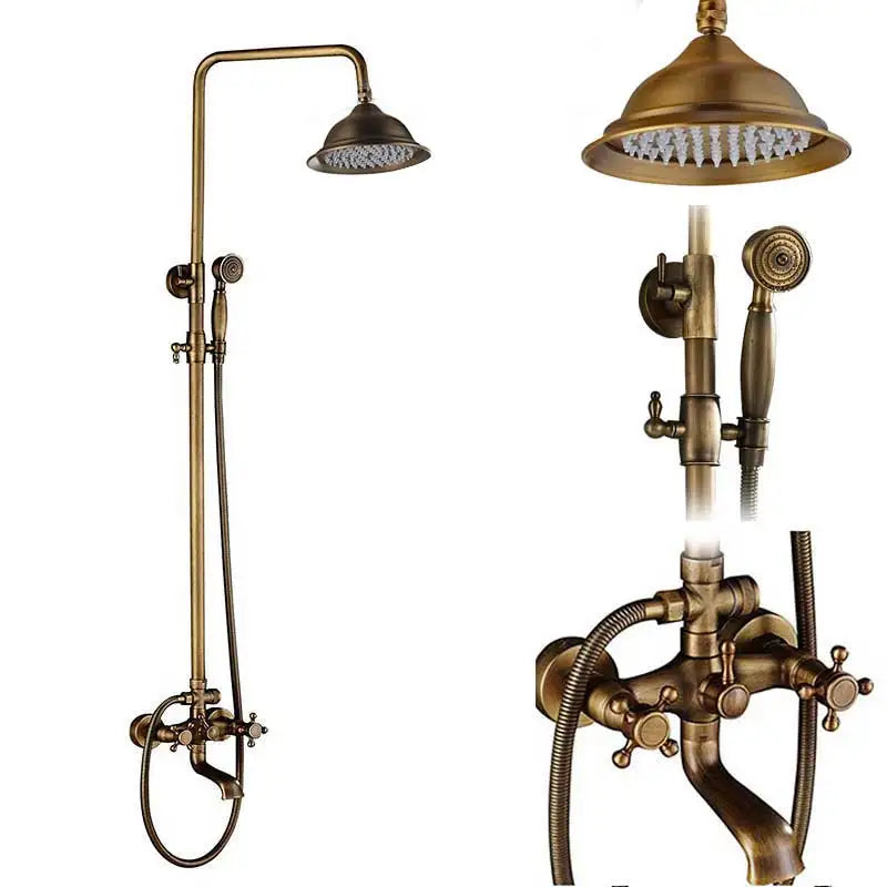 Antique Brass Shower Faucet Set Bathroom Shower Column
with Shelf Rainfall Hot Cold Water Mixer Tap Handhold Shower Faucet