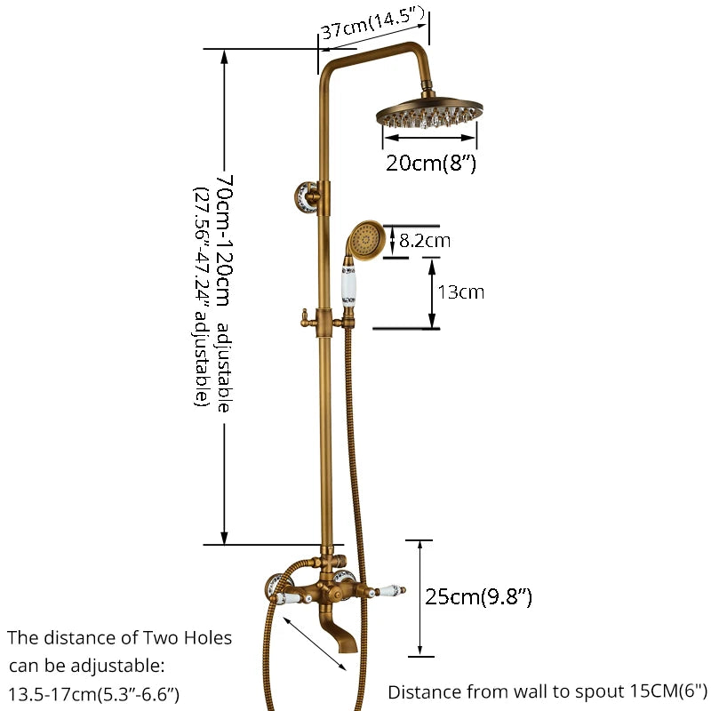 Antique Brass Shower Faucet Set Bathroom Shower Column
with Shelf Rainfall Hot Cold Water Mixer Tap Handhold Shower Faucet