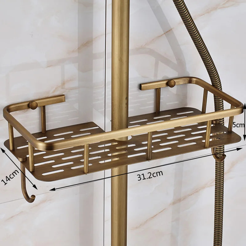 Antique Brass Shower Faucet Set Bathroom Shower Column
with Shelf Rainfall Hot Cold Water Mixer Tap Handhold Shower Faucet