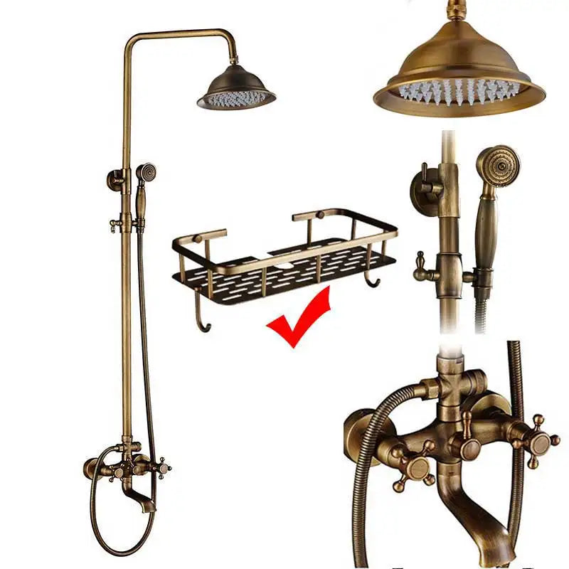 Antique Brass Shower Faucet Set Bathroom Shower Column
with Shelf Rainfall Hot Cold Water Mixer Tap Handhold Shower Faucet