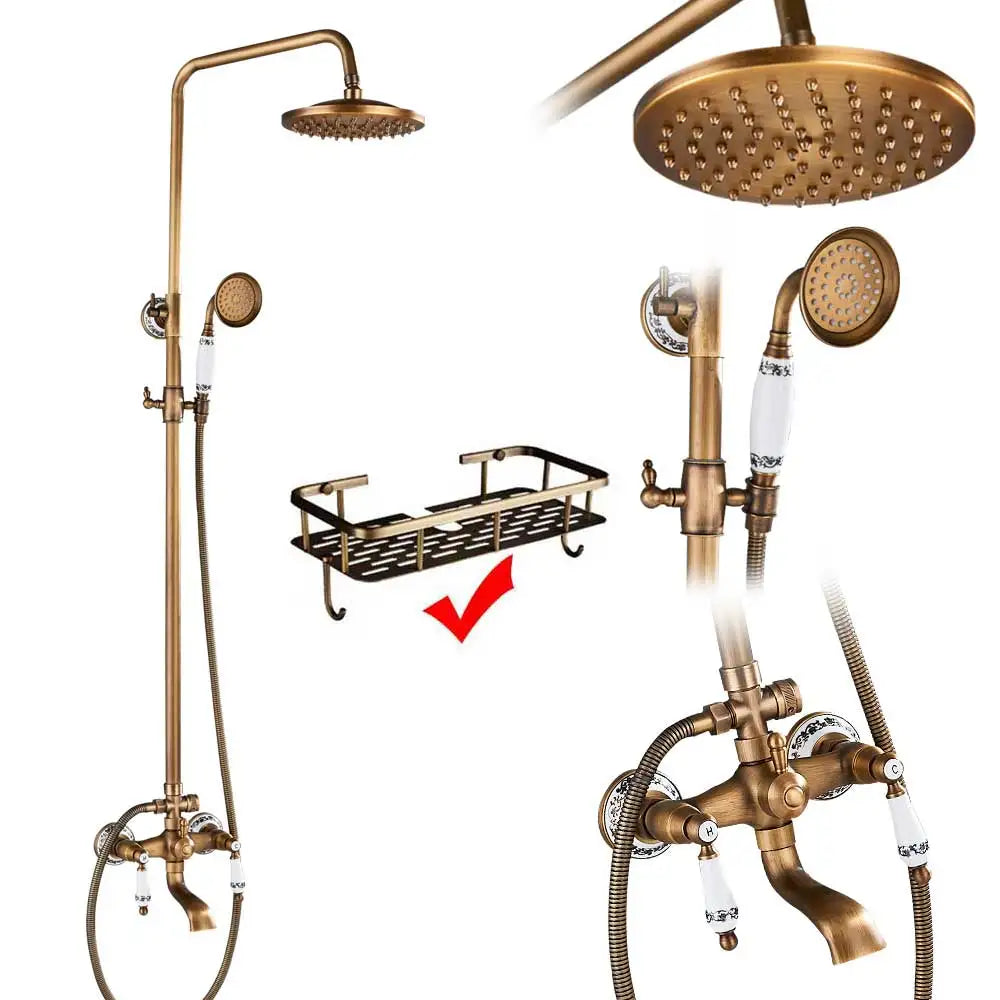 Antique Brass Shower Faucet Set Bathroom Shower Column
with Shelf Rainfall Hot Cold Water Mixer Tap Handhold Shower Faucet