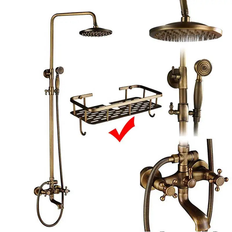 Antique Brass Shower Faucet Set Bathroom Shower Column
with Shelf Rainfall Hot Cold Water Mixer Tap Handhold Shower Faucet