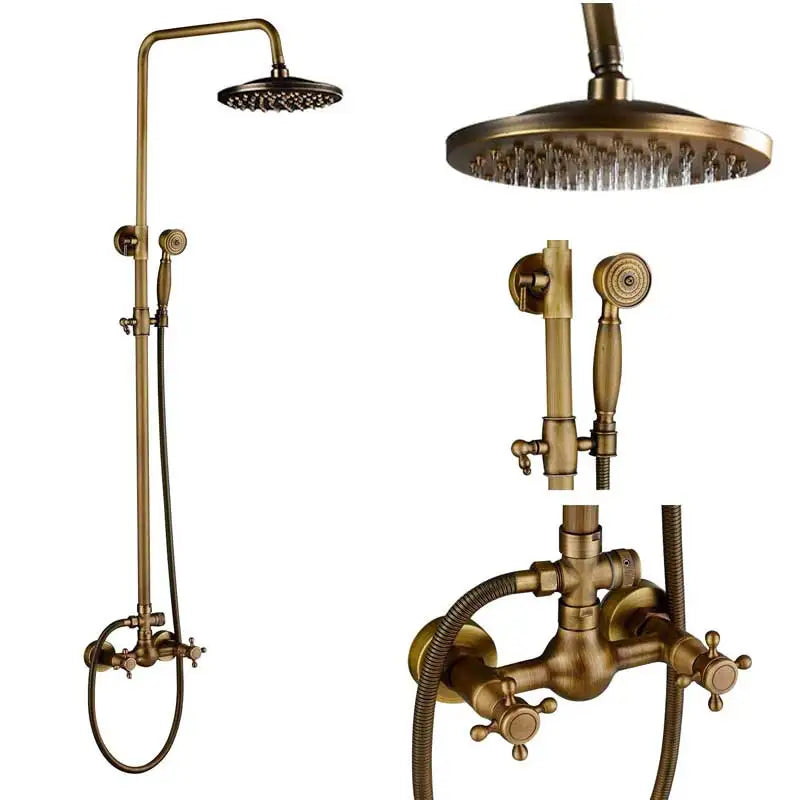 Antique Brass Shower Faucet Set Bathroom Shower Column
with Shelf Rainfall Hot Cold Water Mixer Tap Handhold Shower Faucet