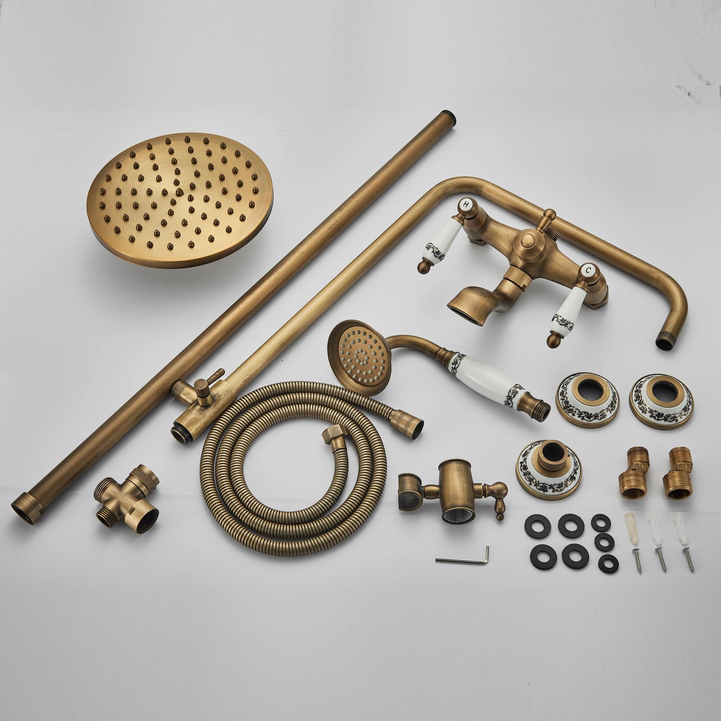 Antique Brass Shower Faucet Set Bathroom Shower Column
with Shelf Rainfall Hot Cold Water Mixer Tap Handhold Shower Faucet