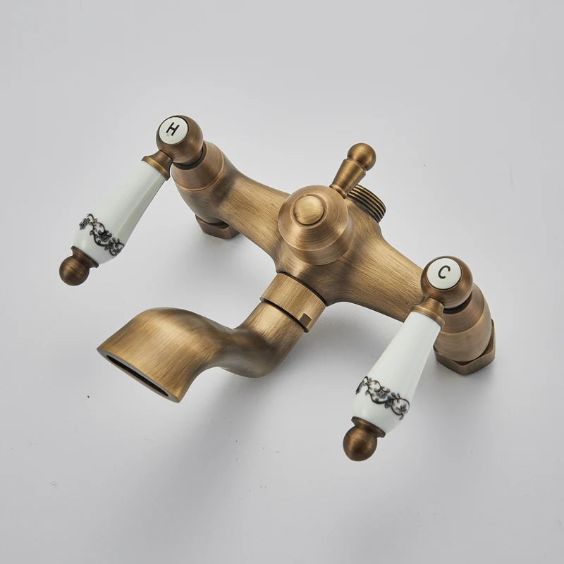 Antique Brass Shower Faucet Set Bathroom Shower Column
with Shelf Rainfall Hot Cold Water Mixer Tap Handhold Shower Faucet