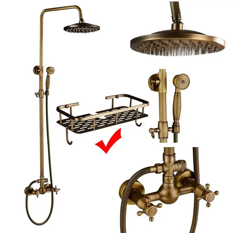 Antique Brass Shower Faucet Set Bathroom Shower Column
with Shelf Rainfall Hot Cold Water Mixer Tap Handhold Shower Faucet
