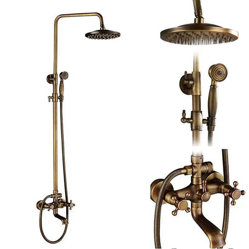 Antique Brass Shower Faucet Set Bathroom Shower Column
with Shelf Rainfall Hot Cold Water Mixer Tap Handhold Shower Faucet