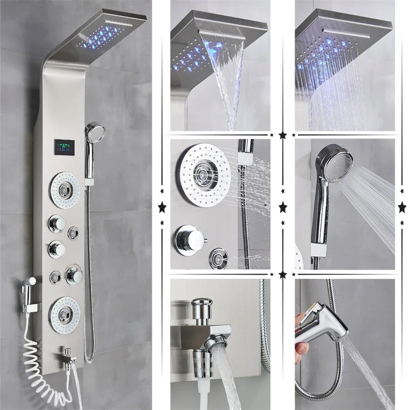 Black/Brushed Bathroom Shower Faucet LED Rainfall Shower Panel System Bathtub Mixer Tap Massage Spa Temperature Screen
