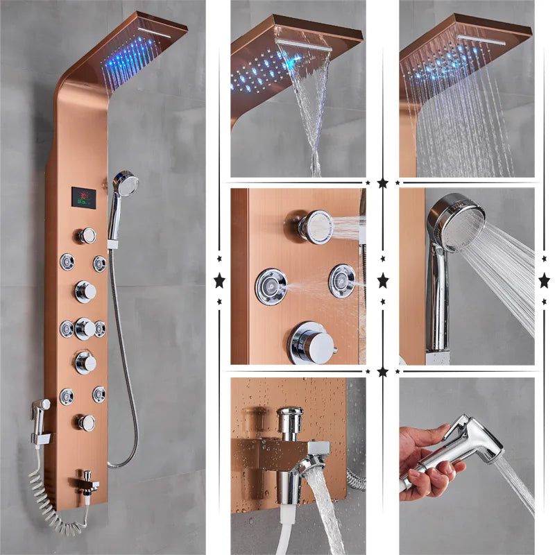Black/Brushed Bathroom Shower Faucet LED Rainfall Shower Panel System Bathtub Mixer Tap Massage Spa Temperature Screen