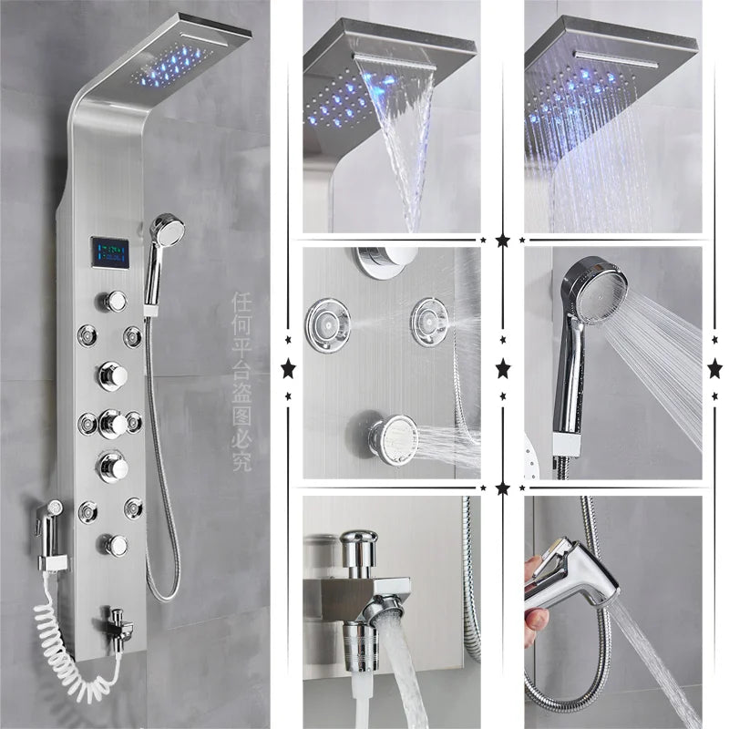 Black/Brushed Bathroom Shower Faucet LED Rainfall Shower Panel System Bathtub Mixer Tap Massage Spa Temperature Screen