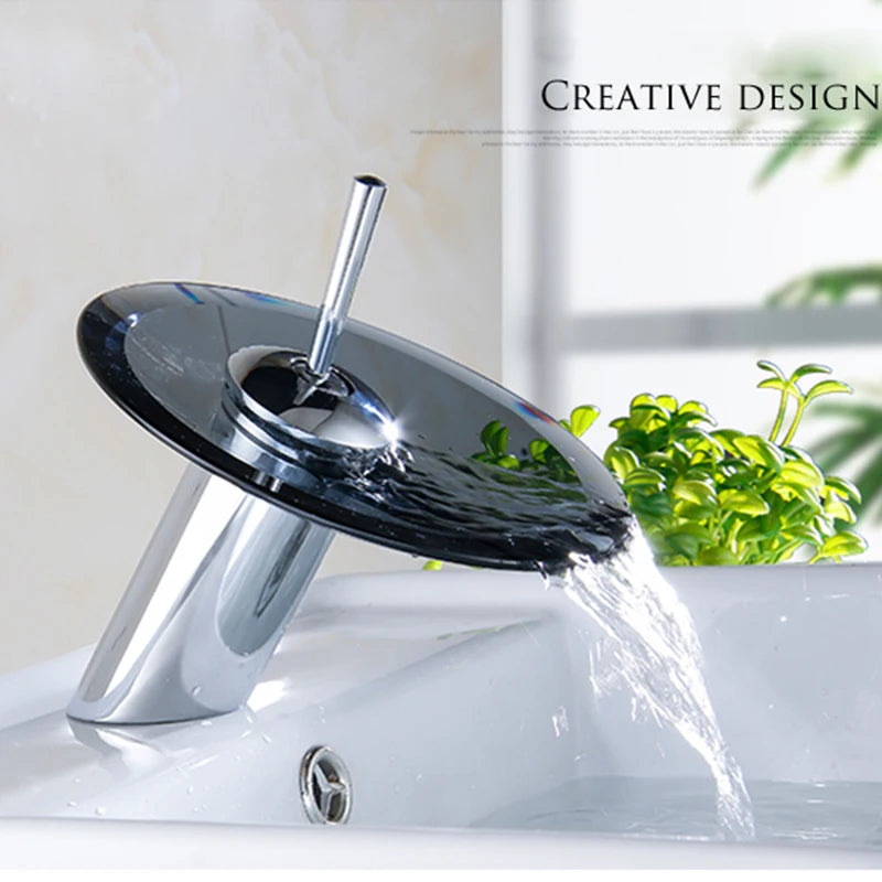 Colorful Glass Waterfall Bathroom Faucet Chrome Basin Sink Faucet Single Lever