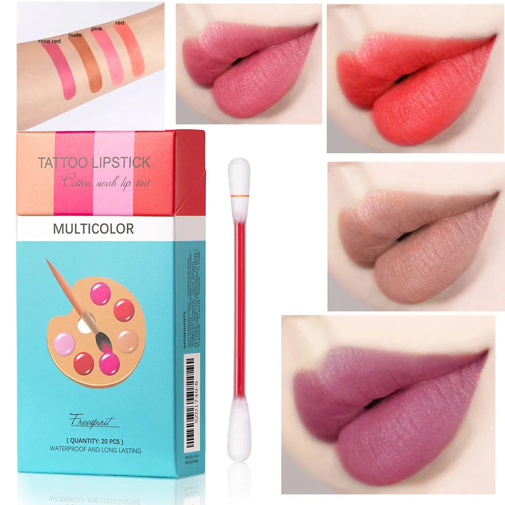 Tattoo Lipstick Cotton Swab Matte Waterproof Lip Gloss Stick Cotton Buds 20pcs/Lot Liquid Lipsticks Set Cigarette Case Box