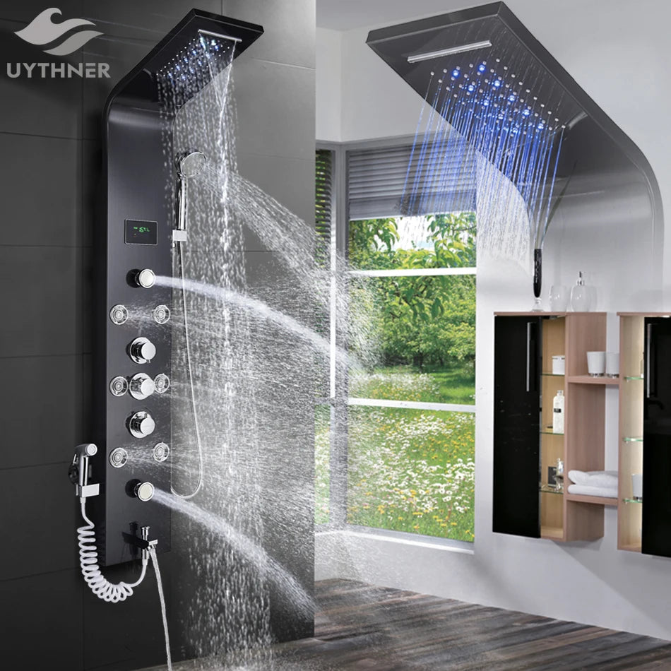 Black/Brushed Bathroom Shower Faucet LED Rainfall Shower Panel System Bathtub Mixer Tap Massage Spa Temperature Screen