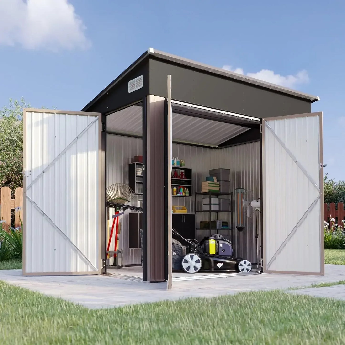 11.5’x7.5’ Shed Outdoor Storage Shed Triple Lockable Door
Metal Storage Cabinet with Slopping Roof for Tools Bicycles Storage