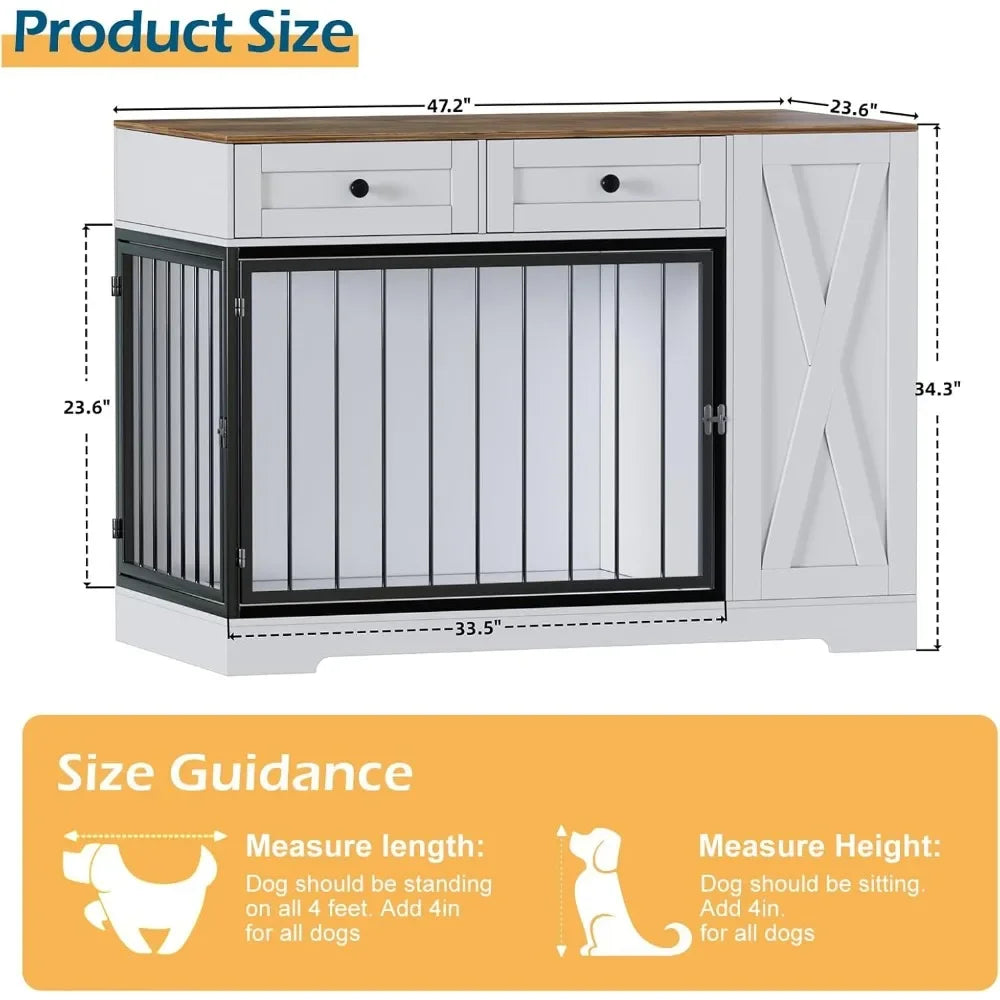 Dog Crate Furniture Kennel with Double Doors,
Wooden Pet House with 2 Drawers and Pet Feeder Station Storage Cabinet