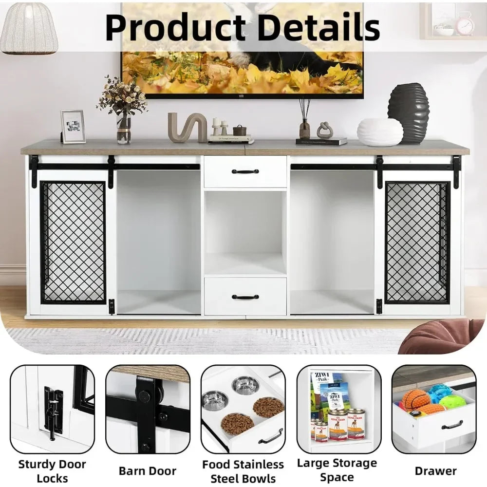 Large Dog Crate Furniture, 85" Sliding Door Double Kennel,
Wooden Dogs Crate Kennel Furniture with 4 Dog Bowls and Drawer Indoor